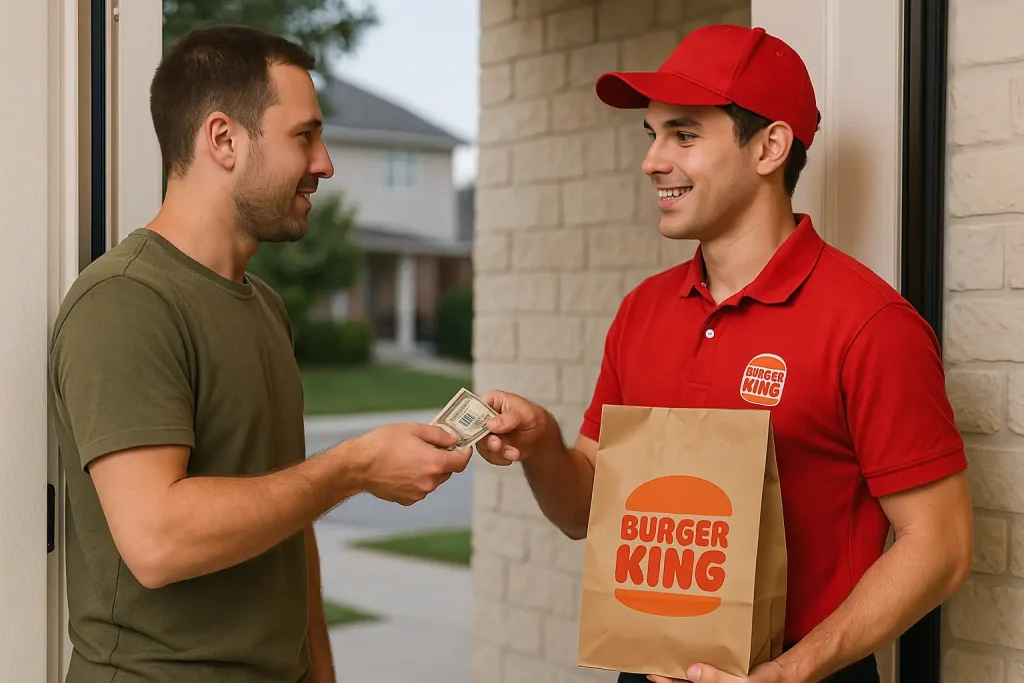 Burger King delivery driver giving food to customer paying with cash at home entrance