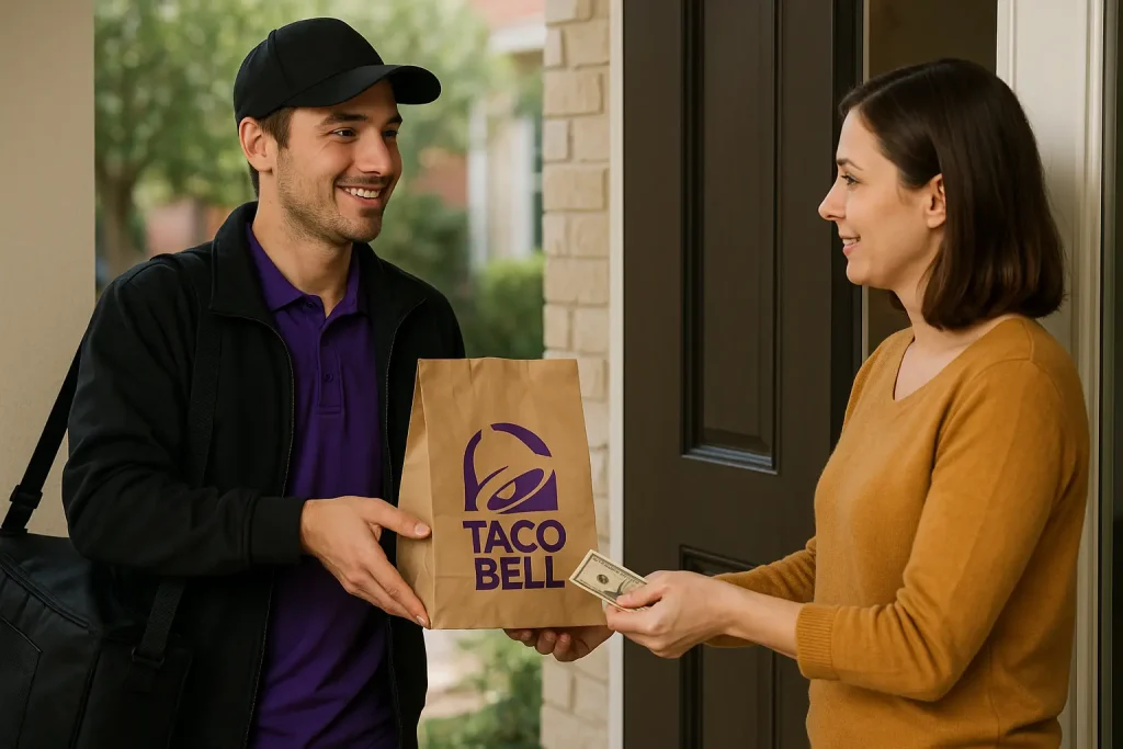 Taco Bell delivery order being handed to a customer paying cash at their front door