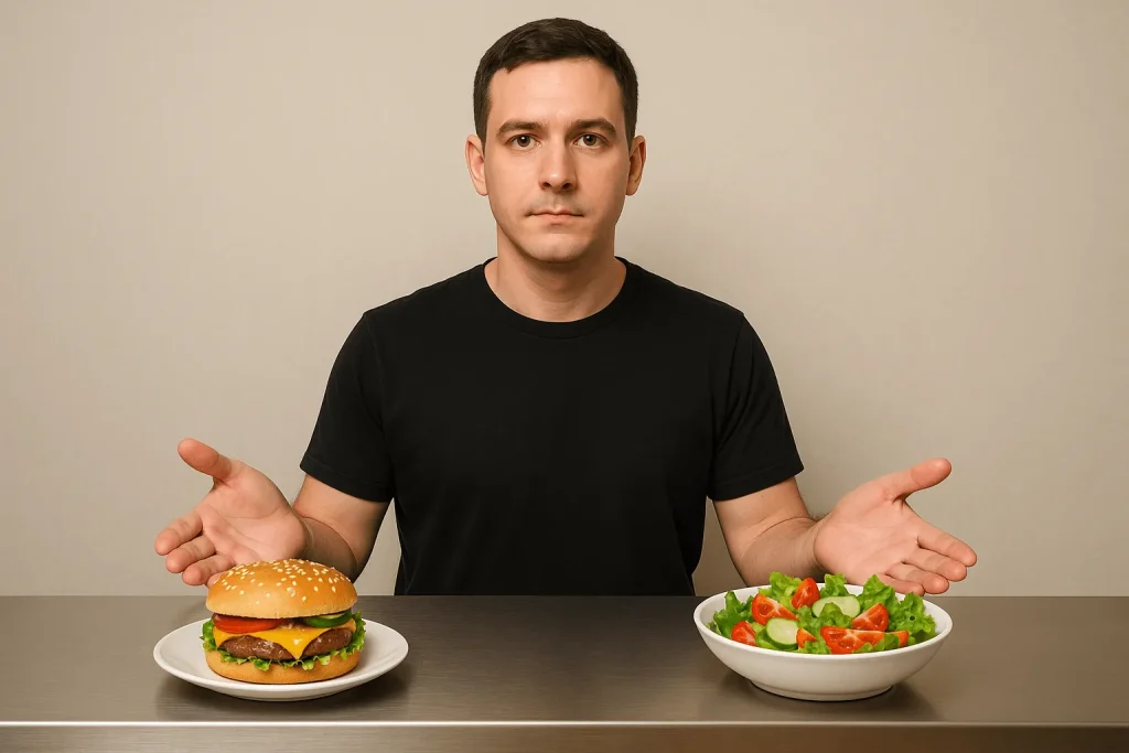 Man choosing between fast food and healthy meal representing personal food freedom and responsibility
