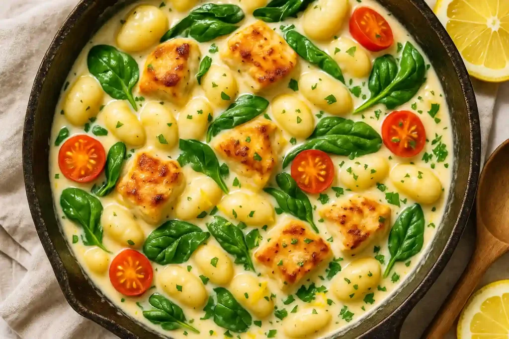 Creamy lemon chicken gnocchi served on a ceramic plate with herbs and bread on the side.