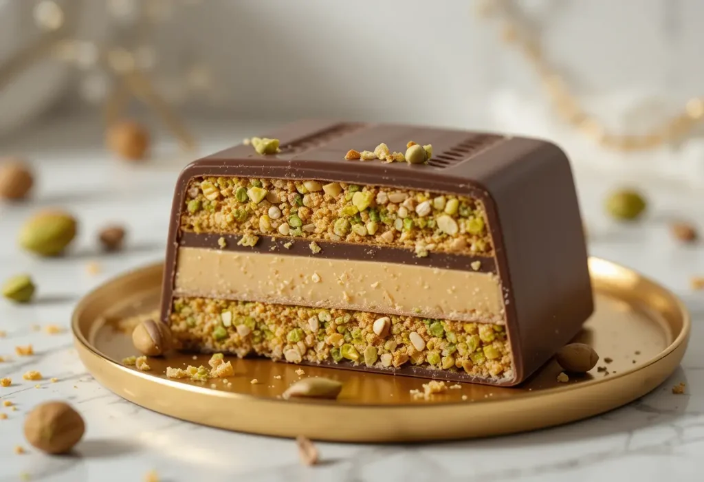 What is Dubai Chocolate, a Layered bar with kataifi, pistachio, and dark chocolate.