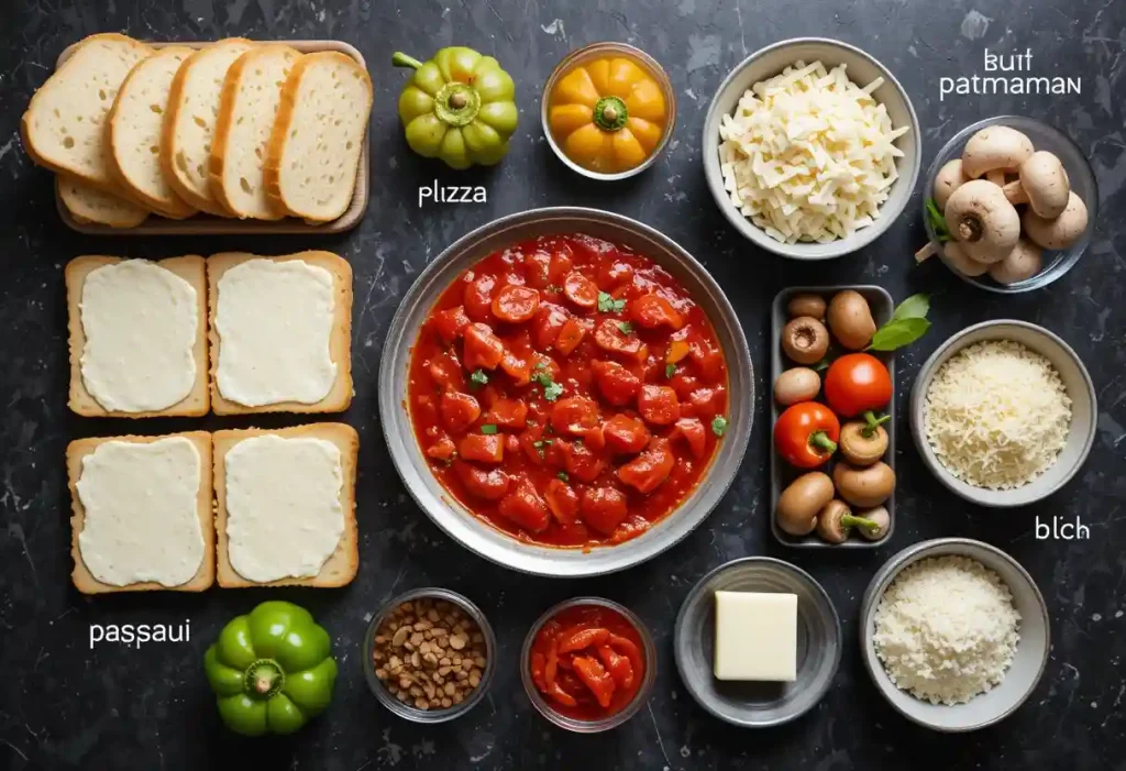 Ingredients for pizza grilled cheese laid out on a counter, including bread, mozzarella, pizza sauce, pepperoni, mushrooms, and butter.