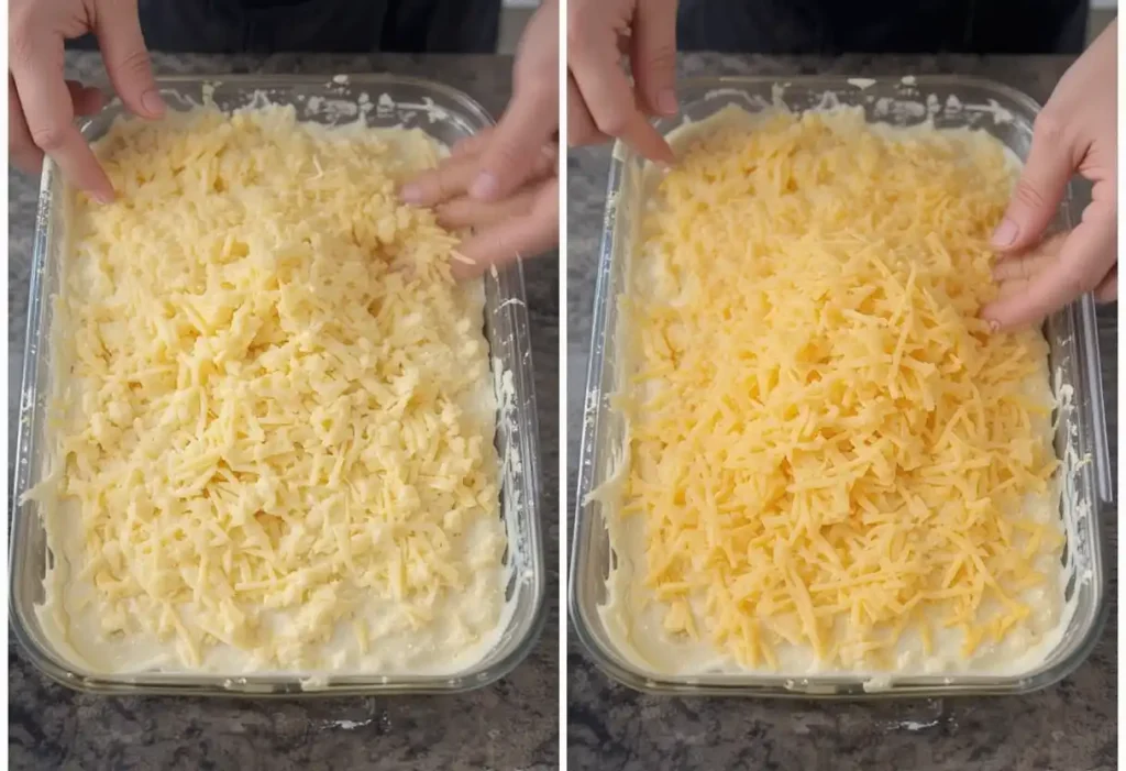 Casserole mixture spread into a dish with shredded cheddar cheese sprinkled on top before baking.