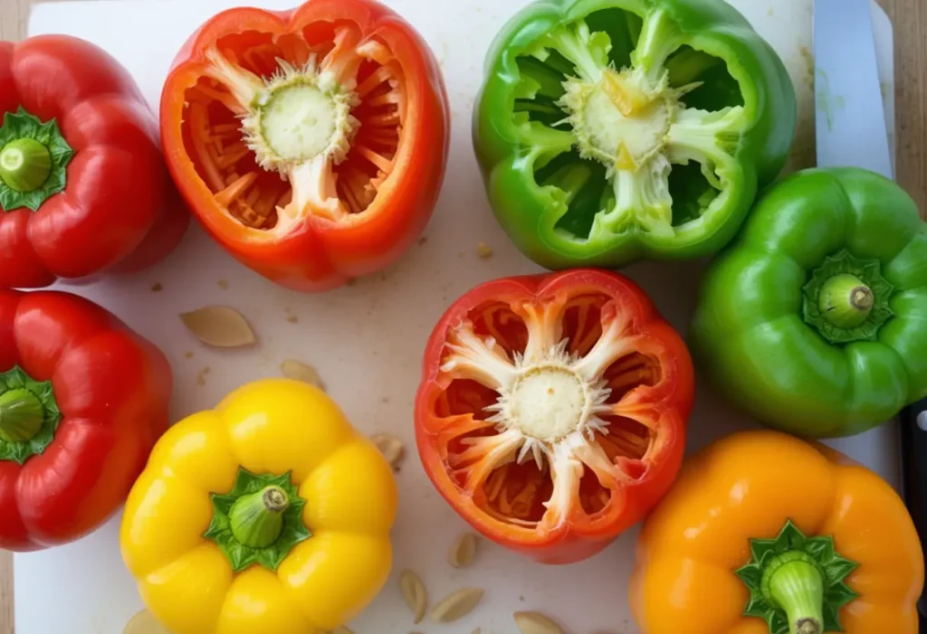 Bell peppers with tops cut and seeds removed, ready to be stuffed.