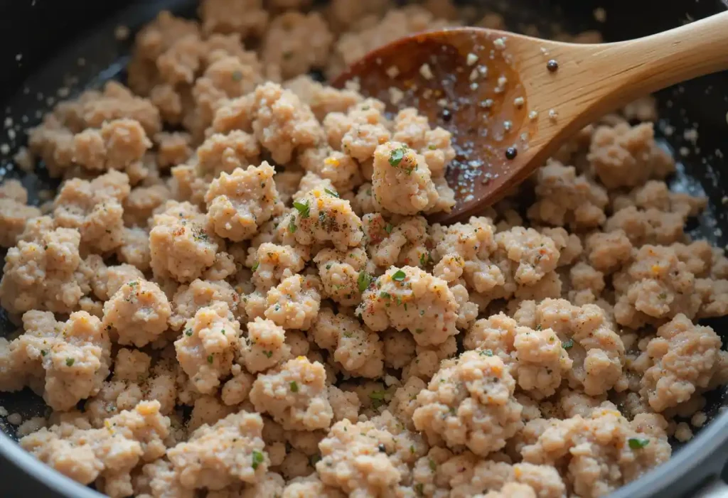 Ground turkey browning in a skillet with Italian seasoning being stirred with a wooden spoon.