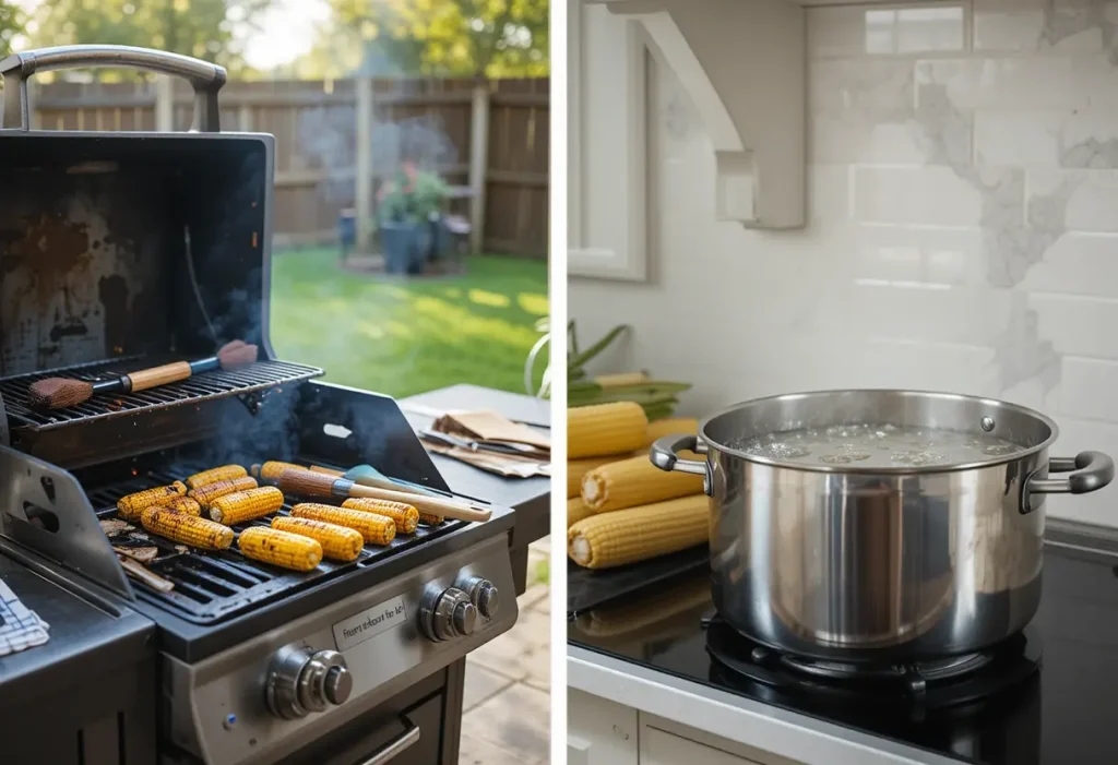 Grill preheating with corn and BBQ tools beside it, next to a boiling pot of water on the stove with corn ready to cook.