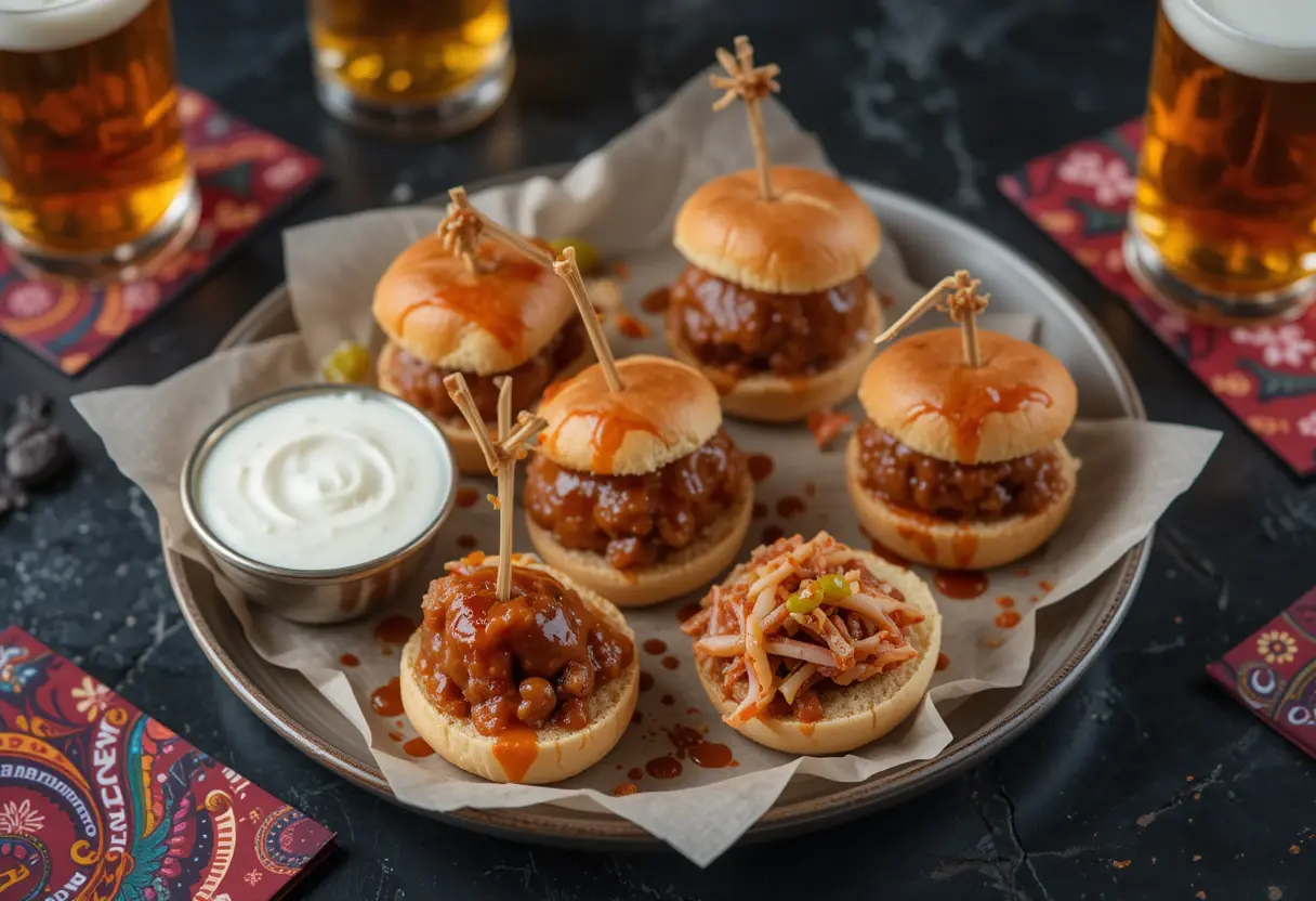 “Bacon bombs arranged on a party platter with slider buns, pickles, and BBQ drizzle, with toothpicks, slaw, and ranch dressing on the side; festive setup in background
