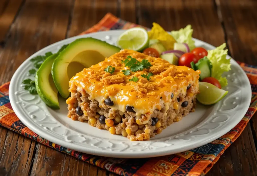 Cheesy Dorito casserole plated with avocado, cilantro, and fresh salad on the side.