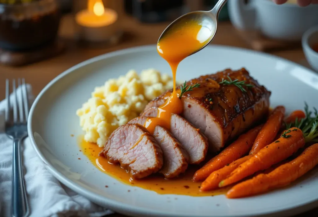 Slices of duck à l’orange being drizzled with orange sauce beside mashed potatoes.