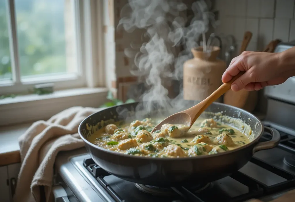 Person stirring creamy chicken and spinach parmesan sauce in a skillet on the stove, with steam rising and a cozy kitchen vibe.