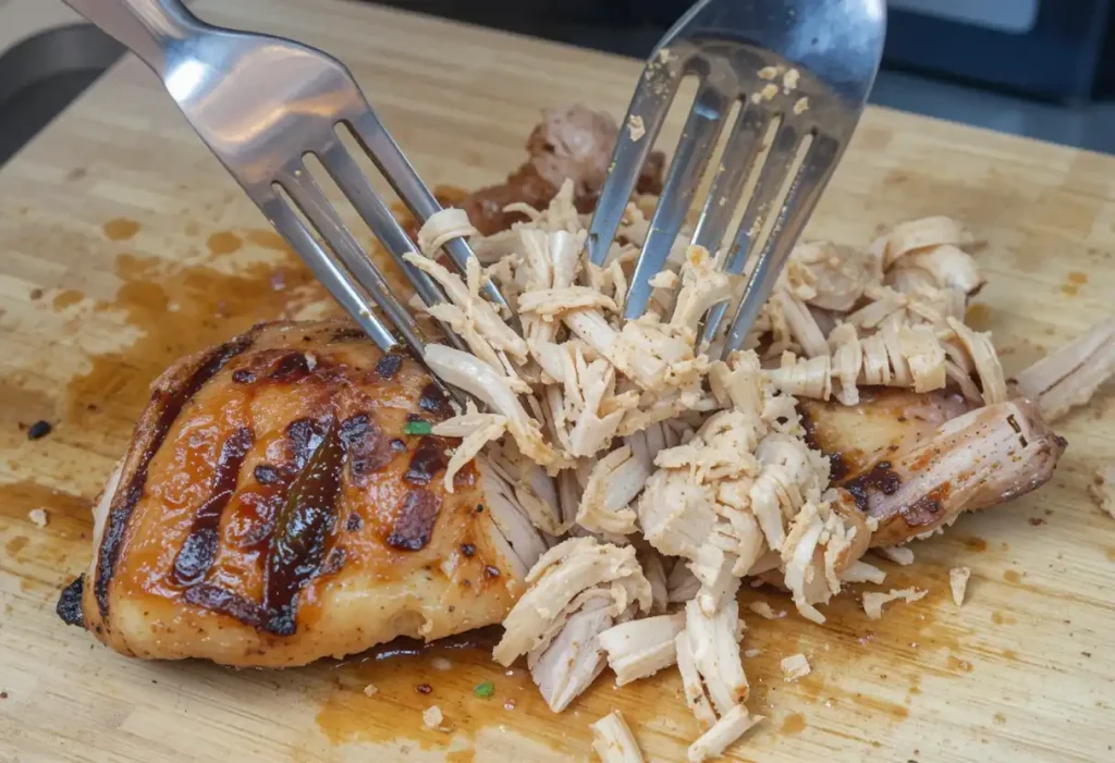 Grilled chicken breast being shredded with forks on a wooden cutting board.