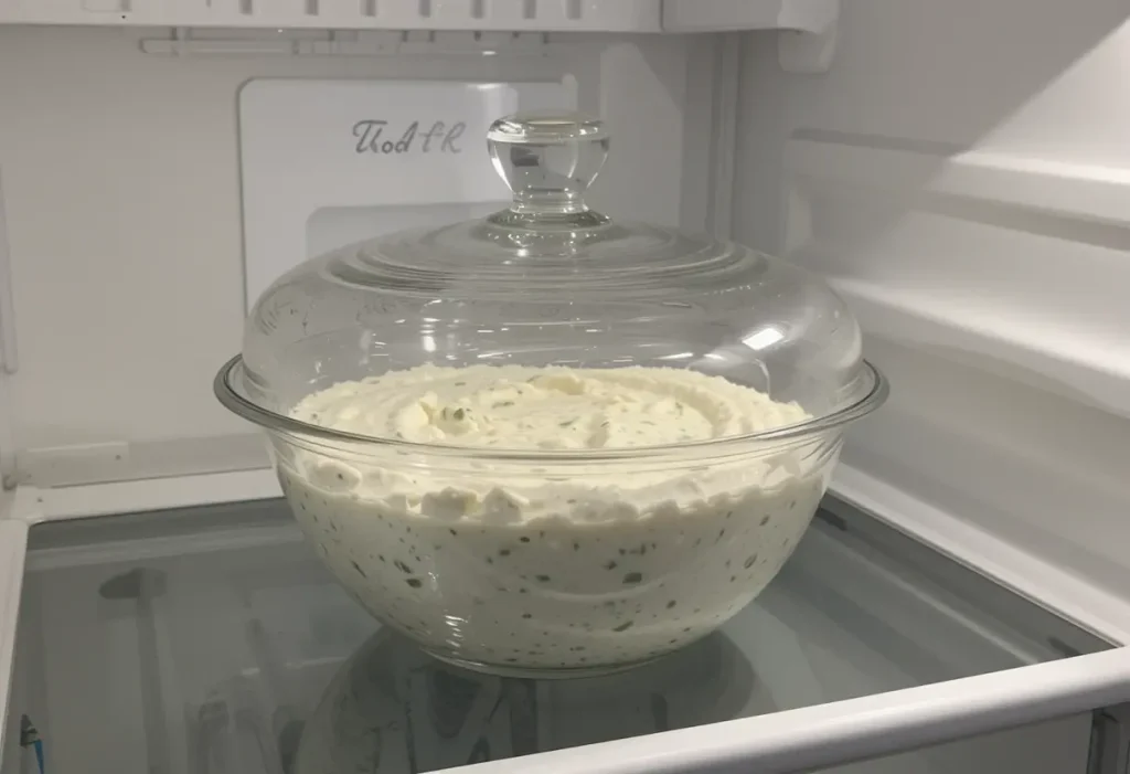 Bowl of tzatziki being placed in the fridge to chill.