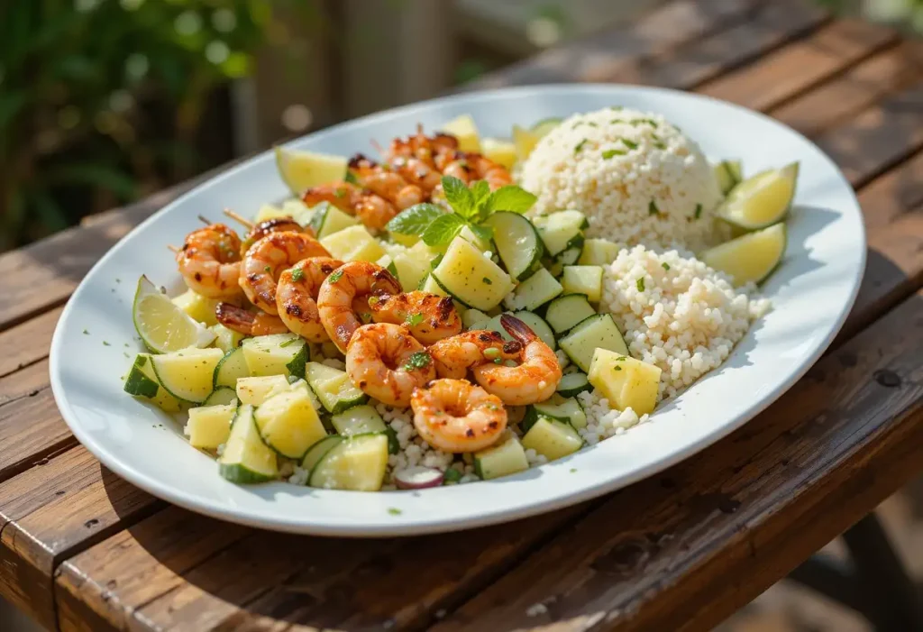 Pineapple cucumber salad served with grilled shrimp and rice on a summer platter.