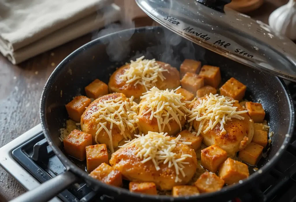 Shredded cheese melting over sautéed chicken in a skillet.