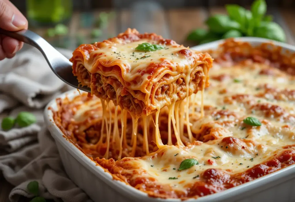 Cheesy slice of Million Dollar Lasagna being lifted from a bubbling casserole dish, showing layers of noodles, meat, and melted cheese.