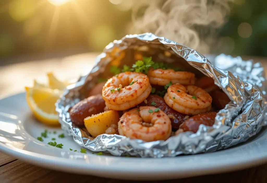 Grilled Cajun sausage and shrimp foil packs on a rustic wooden table with lemon wedges and fresh parsley, perfect for a summer cookout.