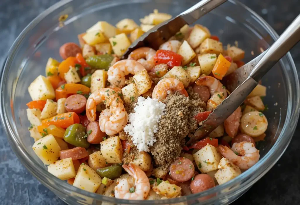 Shrimp, sausage, potatoes, and vegetables tossed in Cajun seasoning in a large mixing bowl.