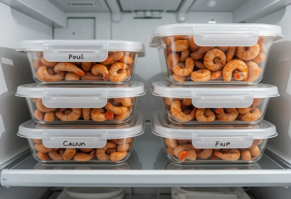 Leftover shrimp and sausage foil pack portions stored in labeled glass containers on a kitchen counter.
