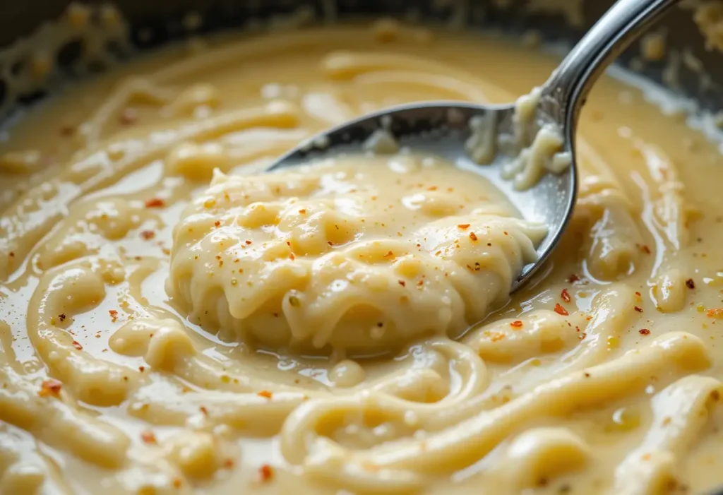Ultra-close shot of bubbling creamy parmesan garlic sauce with visible seasoning and garlic bits, gently stirred with a spoon.