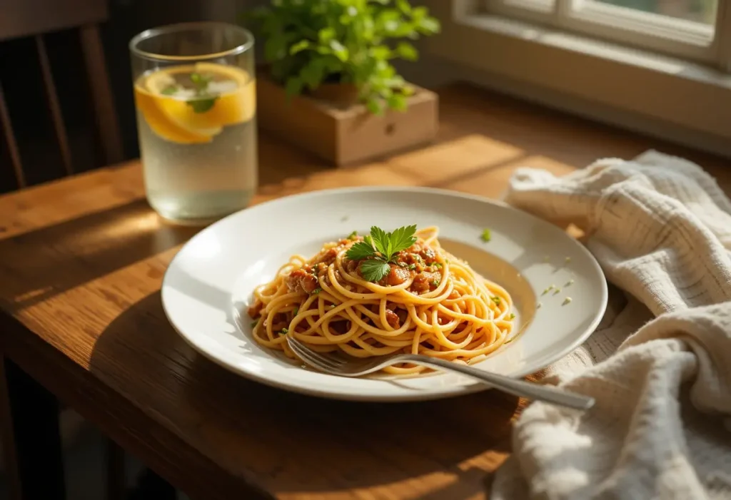 Served slice of vegan spaghetti bake on a cozy dinner table.