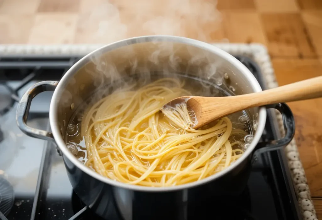 Spaghetti boiling in a pot of water on the stove.