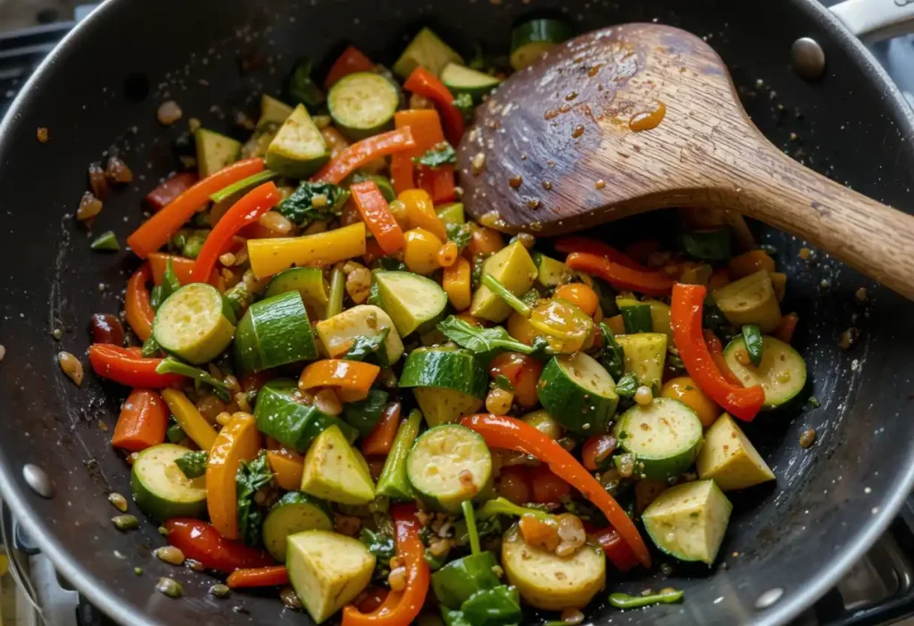 Colorful veggies sautéing in a skillet with a wooden spoon.
