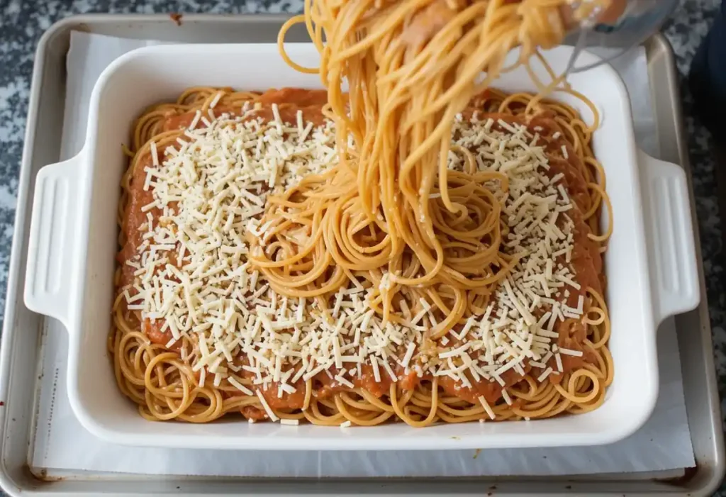 Spaghetti mixture being added to a white baking dish.