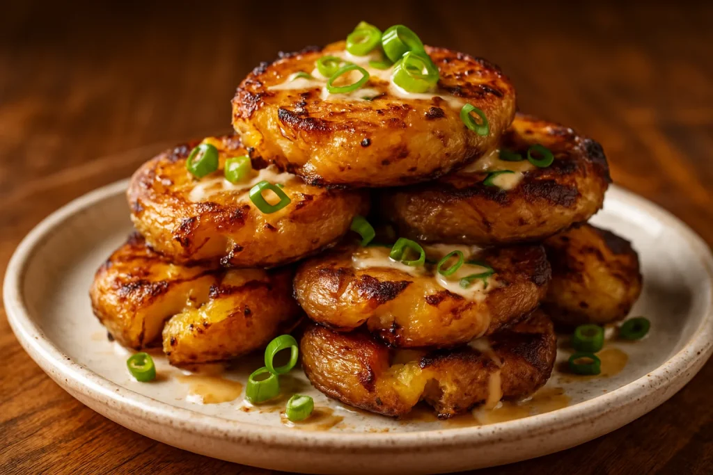 Side-angle view of smashed potatoes on a white plate, featuring crispy golden edges, fresh green onions, and drizzled dressing, with a wooden table backdrop.