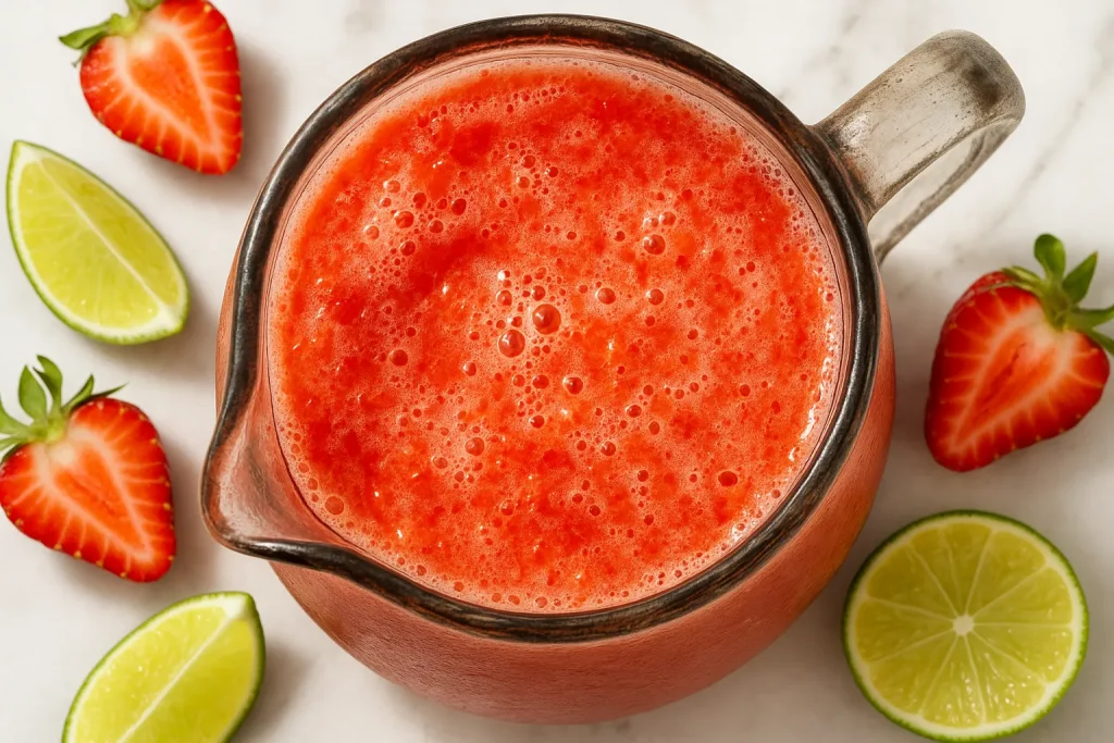 Side shot of agua fresca being poured into a glass, with ice splashing and a mint sprig on top, against a bright kitchen background.