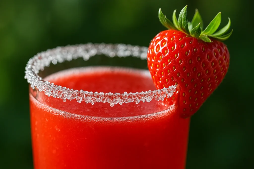 Zoomed-in view of a sugar-rimmed glass filled with strawberry agua fresca and a fresh strawberry garnish on the rim.