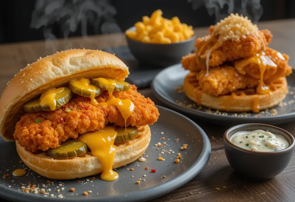 Close-up of crispy crack chicken tenders served with dipping sauces, toasted brioche buns, and golden waffles, topped with drizzles of hot honey and surrounded by creamy mac and cheese—visually rich with a juicy, crunchy texture and vibrant colors.