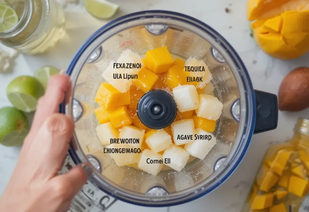 A blender filled with frozen mango, tequila, triple sec, lime juice, agave syrup, and ice, ready to blend.