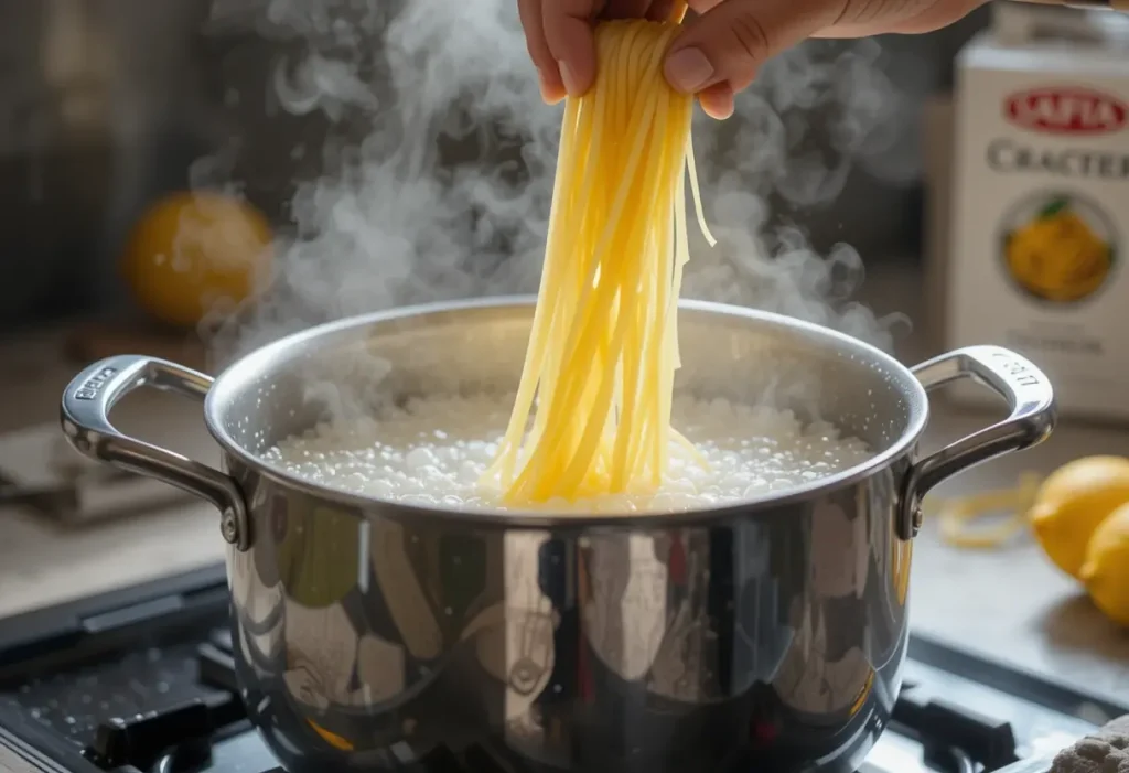 Uncooked spaghetti noodles being dropped into a pot of boiling salted water on a stovetop.