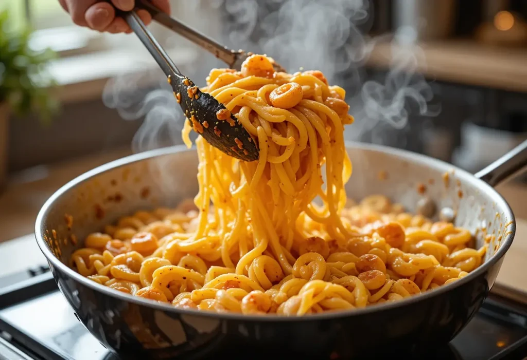 Cream and cheese melting into a garlic shrimp sauce in a pan with red pepper flakes.