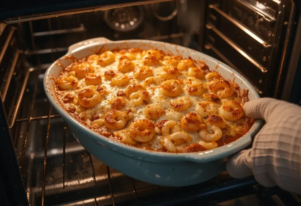Shrimp scampi pasta bake being removed from oven with golden bubbly cheese on top.