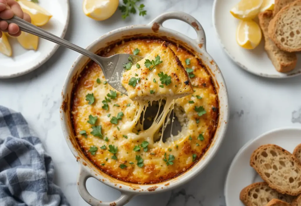 Baked shrimp pasta served with fresh parsley and lemon on a dinner plate.