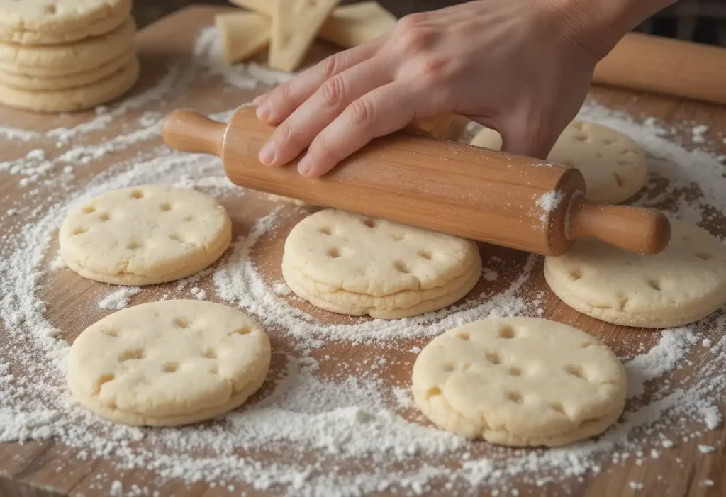 Flattening biscuit dough into circles on a floured surface with a rolling pin.
