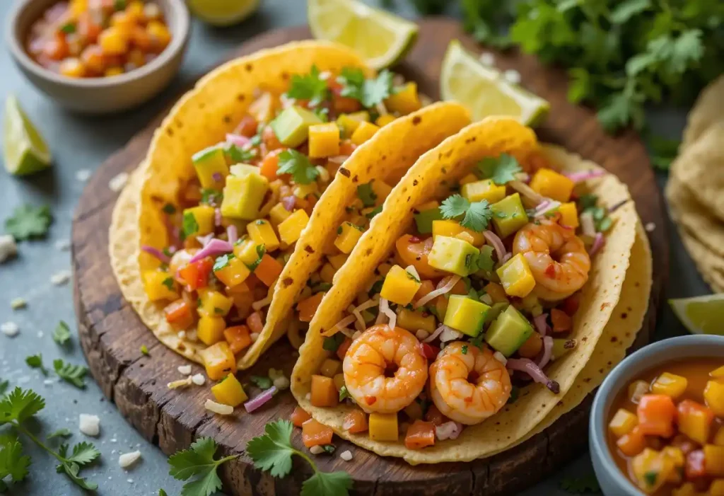 “Hand holding a vibrant shrimp taco with mango salsa and avocado, with a bright summer background.”