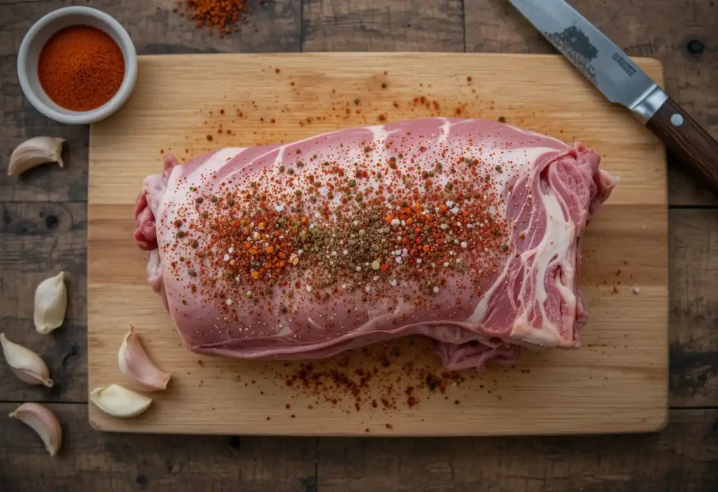 "Raw pork shoulder rubbed with spices including smoked paprika, cumin, salt, and pepper on a wooden cutting board, ready for slow cooking."