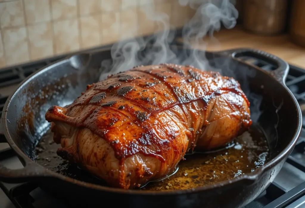 "Pork shoulder searing in a hot cast iron skillet with a browned crust, adding extra flavor before Crockpot cooking."