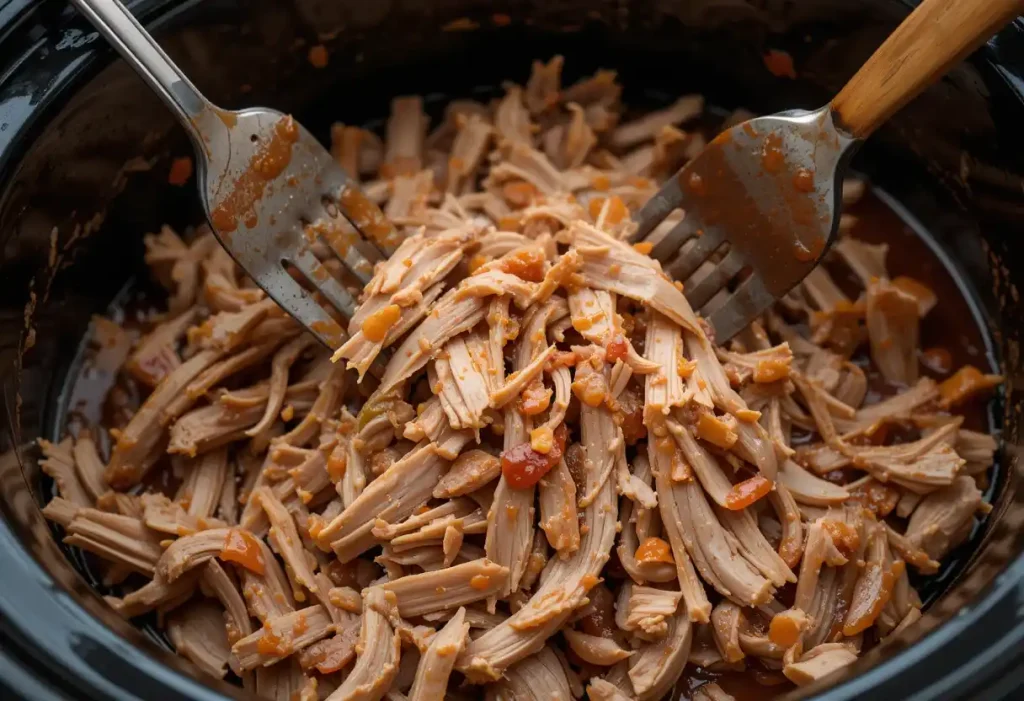 "Pulled pork being shredded with two forks on a cutting board, juicy and packed with BBQ flavor."