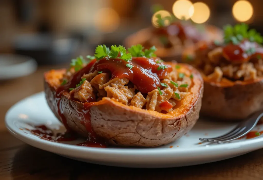 "Roasted sweet potato stuffed with BBQ pulled pork and drizzled with sauce, a sweet and savory meal idea."