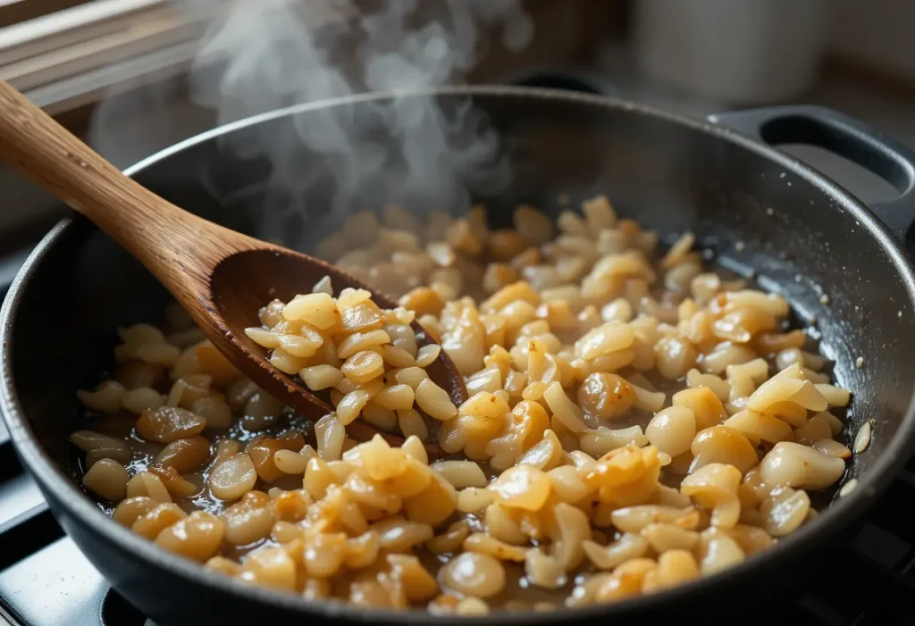 Caramelized onions cooking in a skillet with butter.