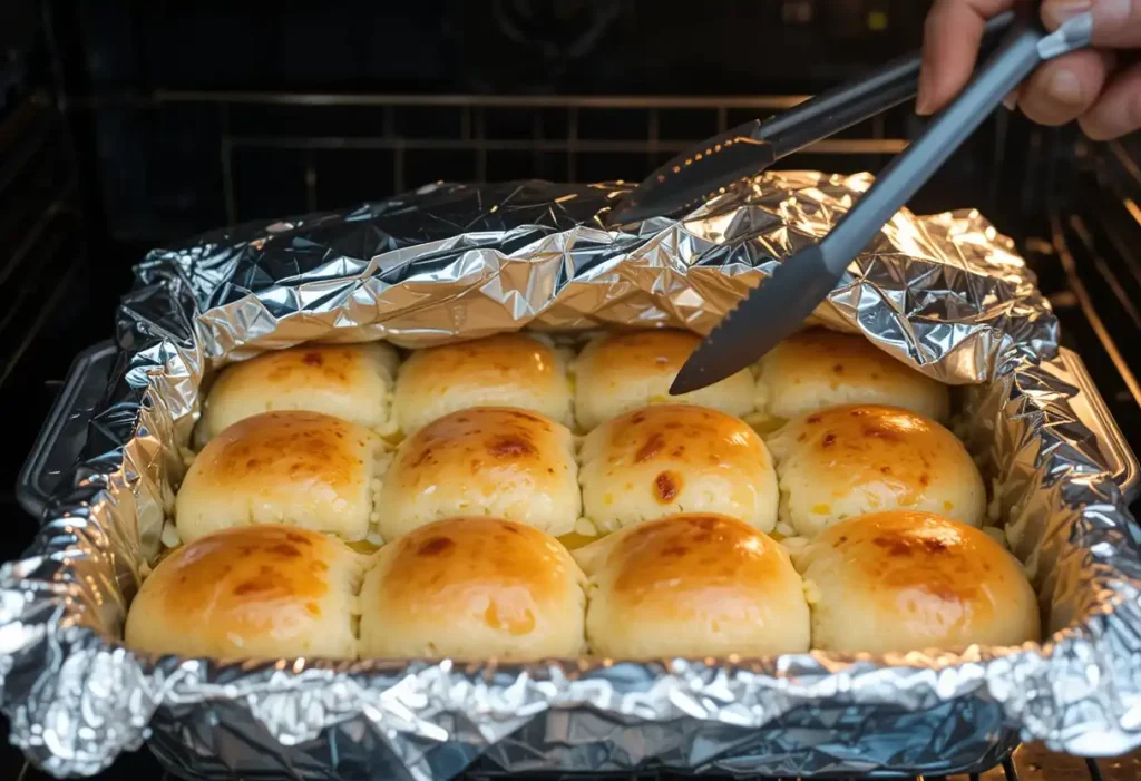 Sliders baking in the oven with melted cheese and golden tops.