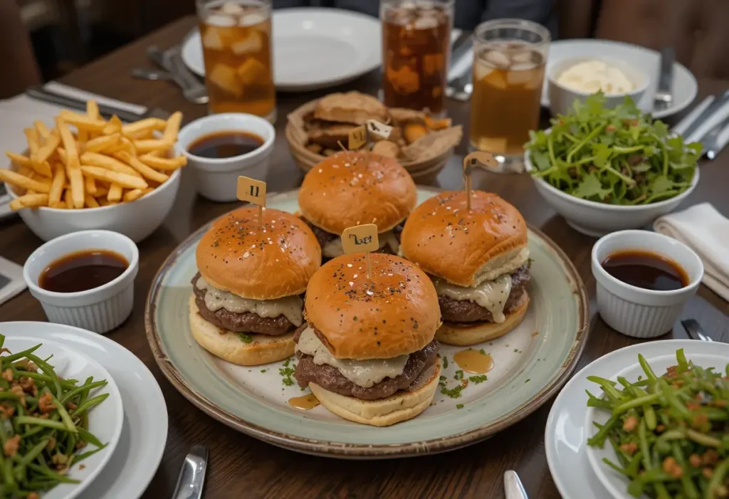 French Dip Sliders served with fries, salad, and au jus at a cozy dinner table.