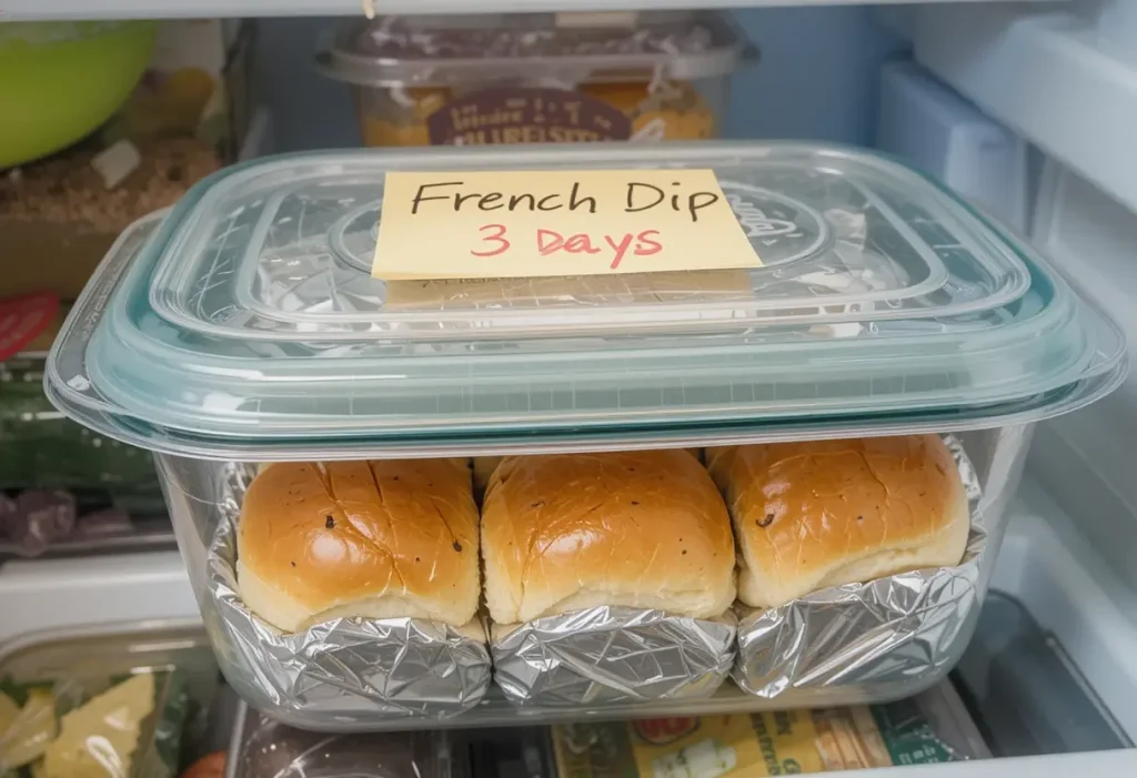French Dip Sliders stored in foil inside a fridge container.