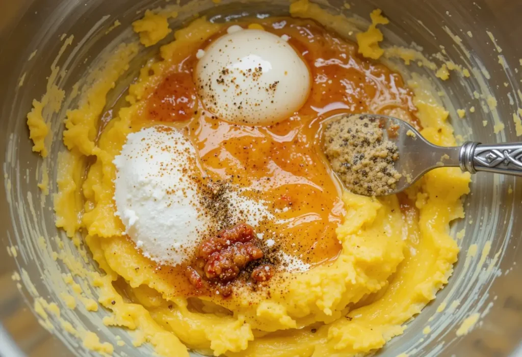 Egg yolk filling being mixed with chili garlic sauce and other ingredients in a bowl.