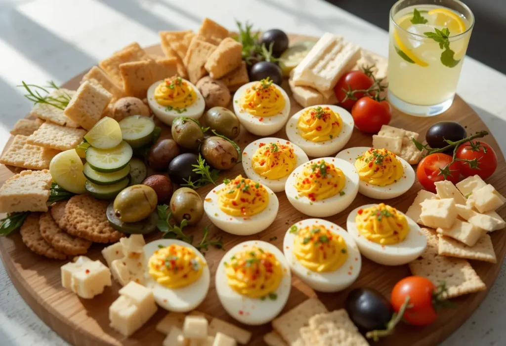 Deviled eggs served on a platter with finger foods like mini sandwiches, veggies, and cheese, next to a glass of lemonade.