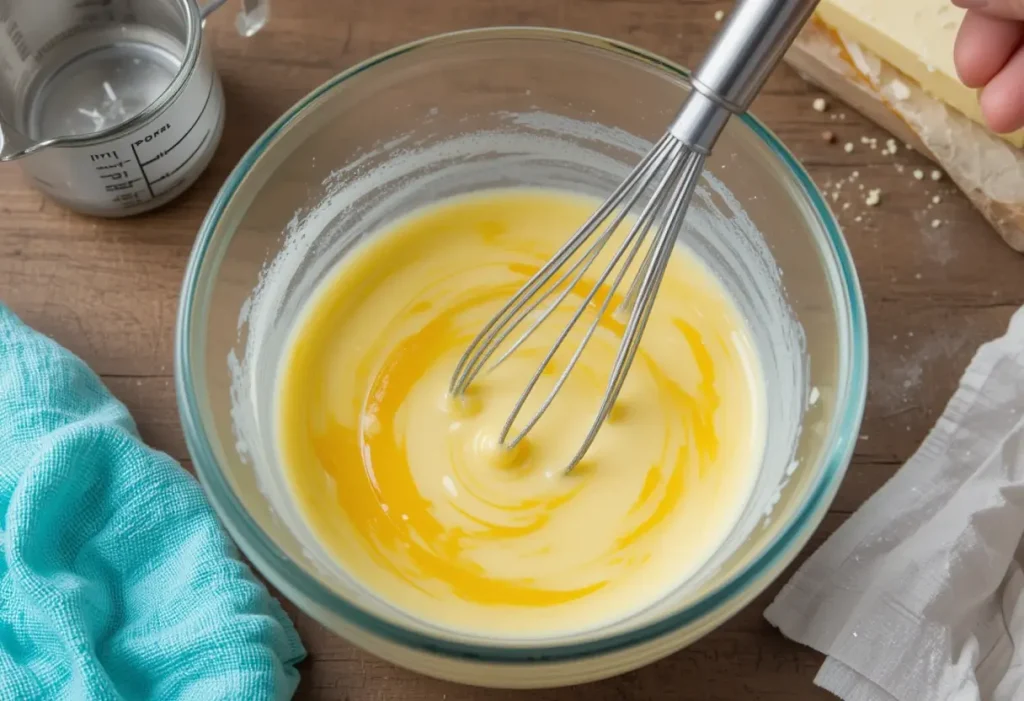 Butter and milk being whisked together in a small bowl.