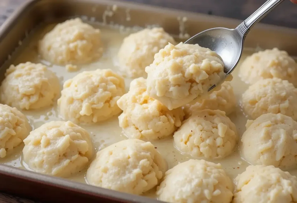 Large spoon dropping clumps of biscuit dough into the buttered baking dish. Some doughs touching, ready to rise and bake together.